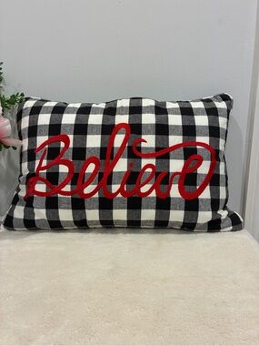 'Believe' Plaid Accent Pillow in Black, White & Red